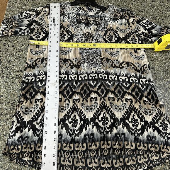 Raviya Tunic Dress Womens Large Black Beige Boho Ikat Print 3/4 Sleeve Sheer - Picture 5 of 9